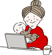 あかちゃんを抱っこしながらパソコンで仕事をするママ